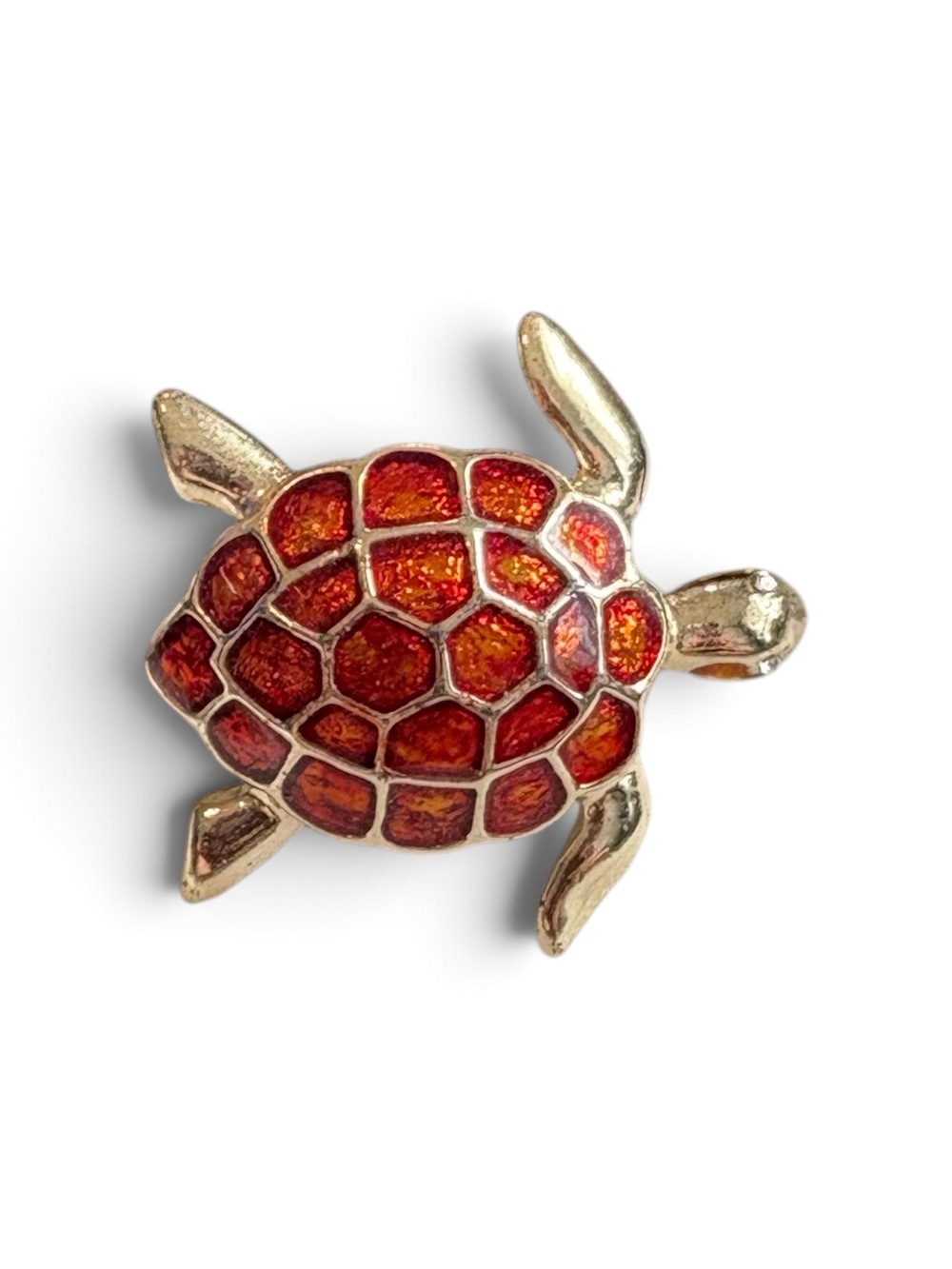 Sea Turtle Brooch Gold Tone Red Orange Enamel Turtle Pin Coastal Jewelry